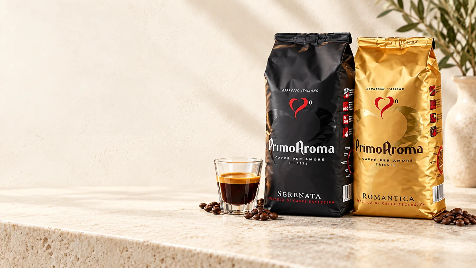 Primo Aroma Serenata und Romantica mit Espresso auf einer Kaffeebar