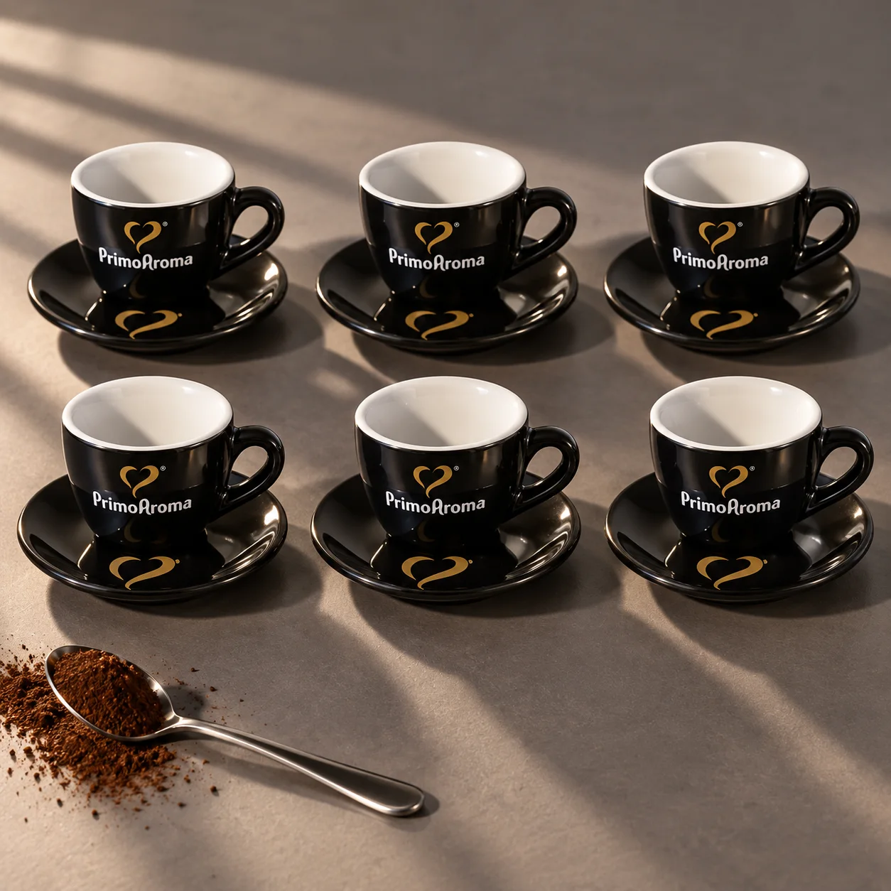 IPA Aosta Espressotassen Schwarz mit Herz-Untertassen – 6er Set